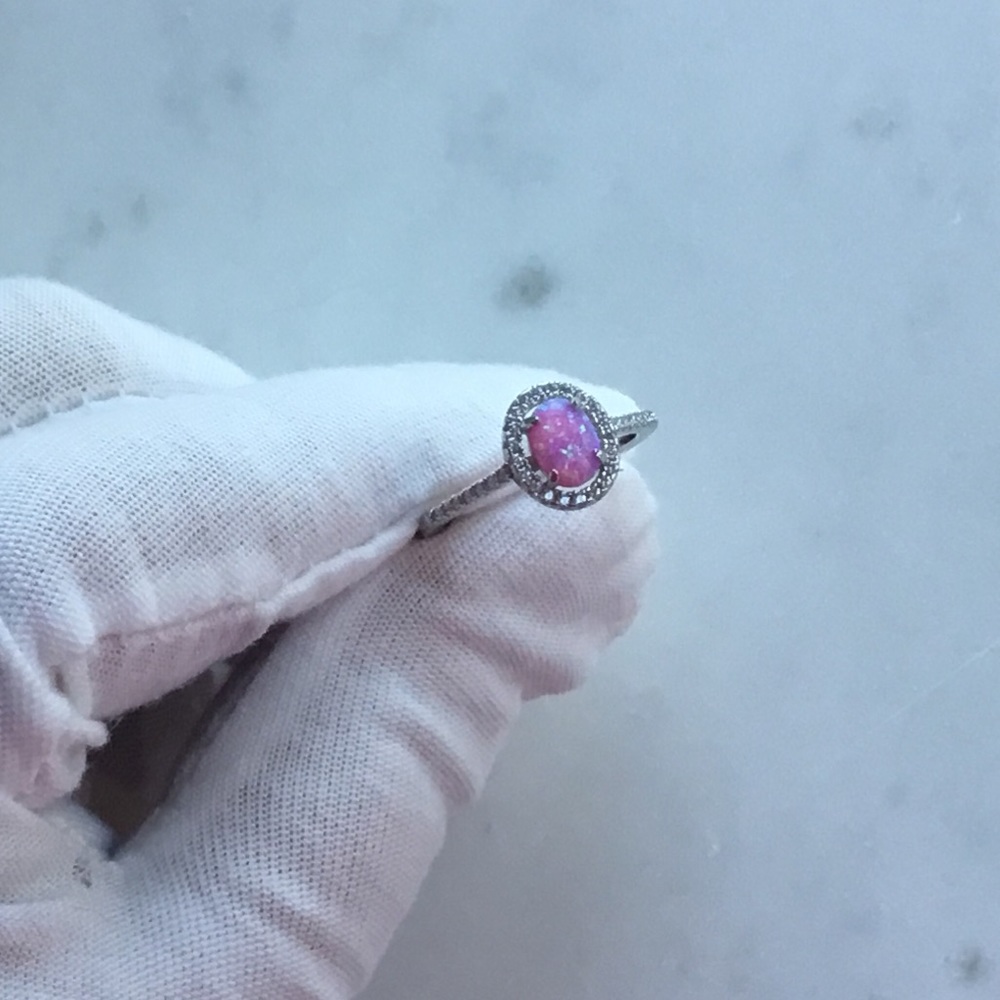 Sterling Pink Lab Opal and Clear CZ Oval Halo Ring - Picture 10 of 16